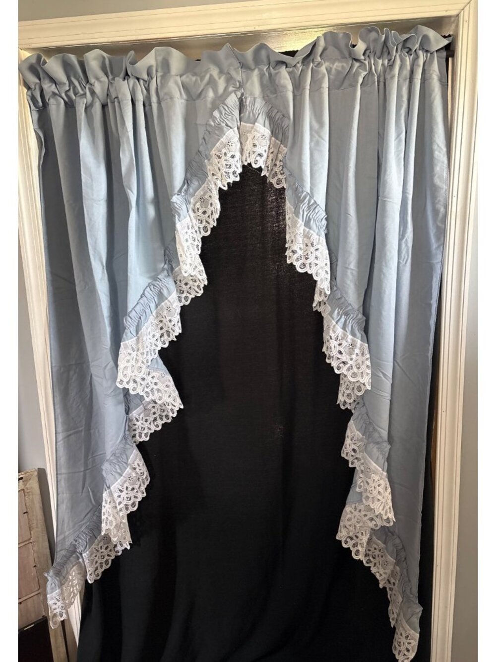 JC Penney Swag Curtains 44" W x 64" L Lace Trim Blue White Elegant Style